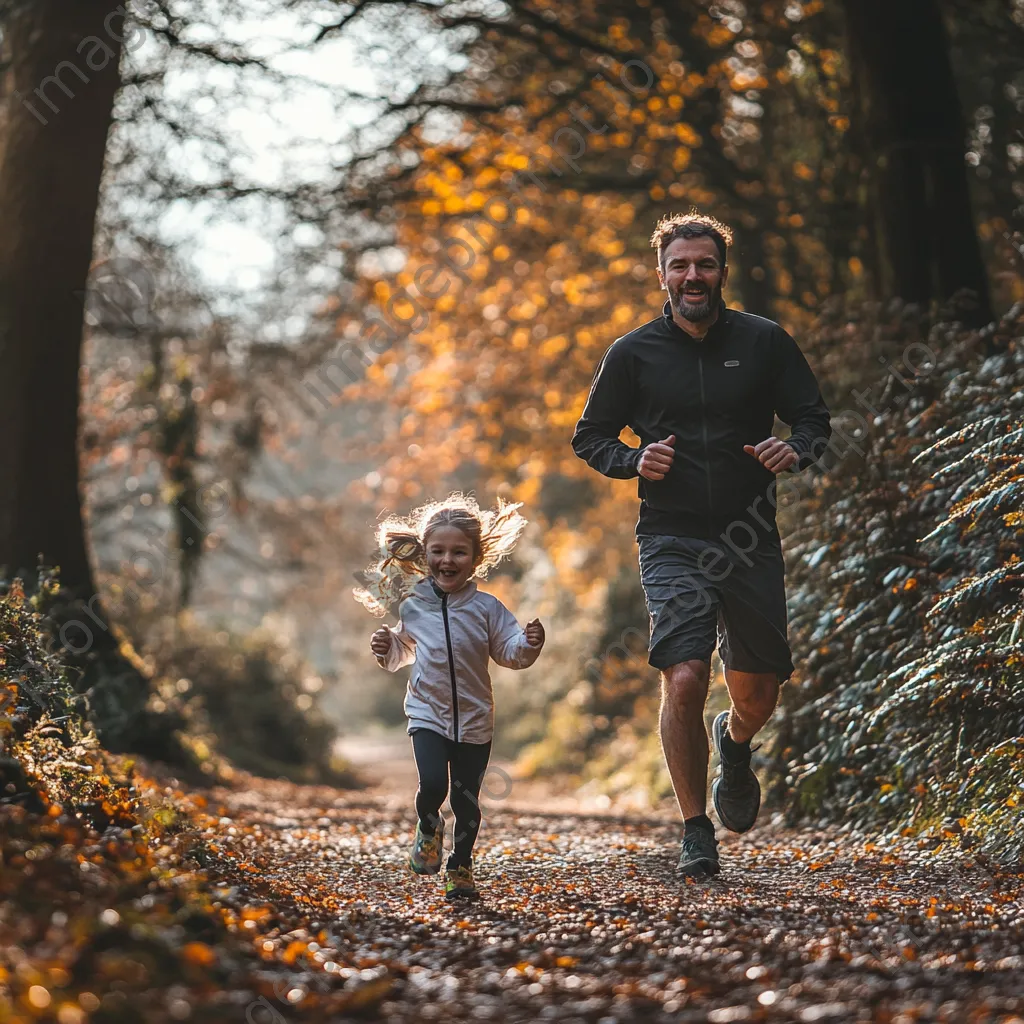 Father and daughter running on a leafy trail - Image 1