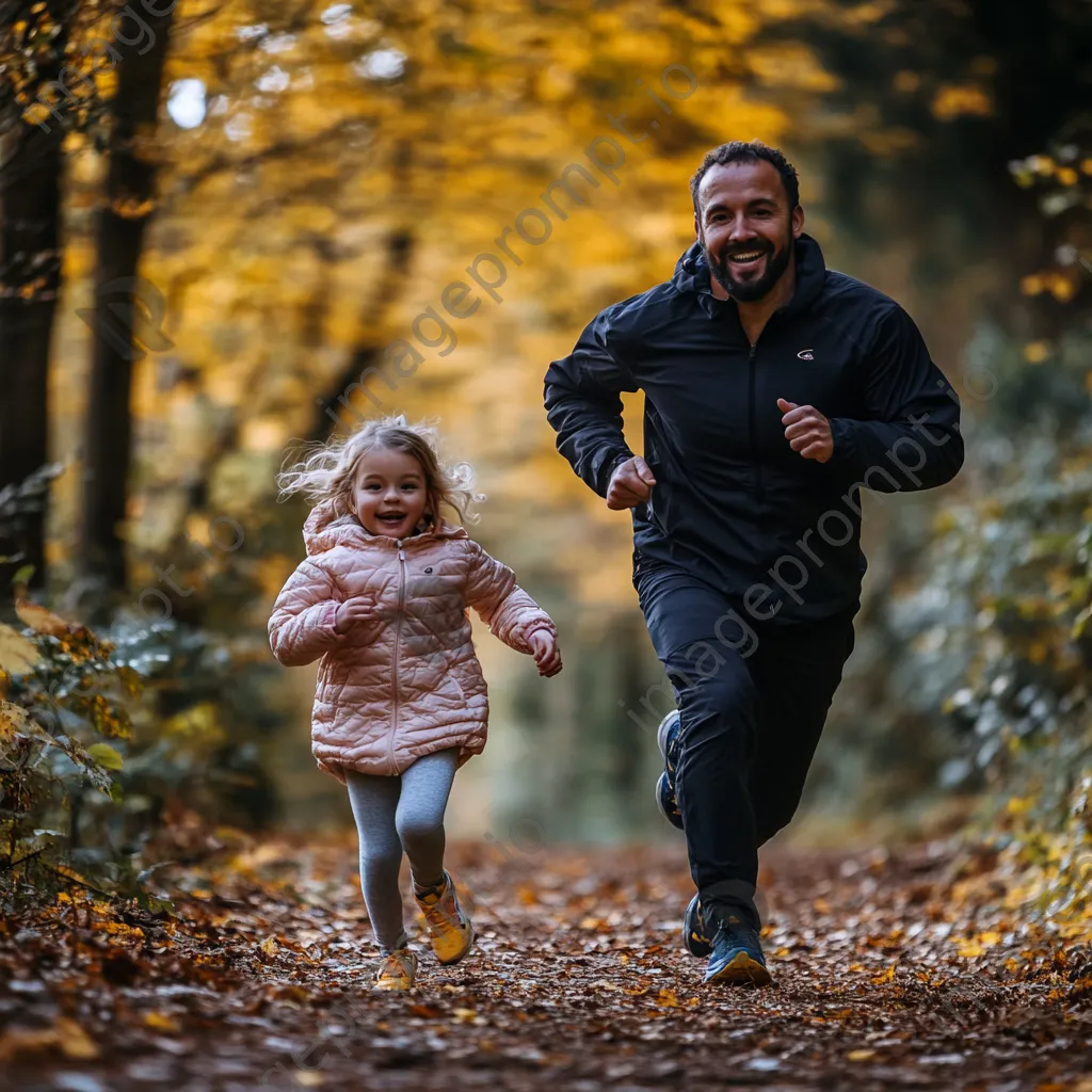 Father and daughter running on a leafy trail - Image 3