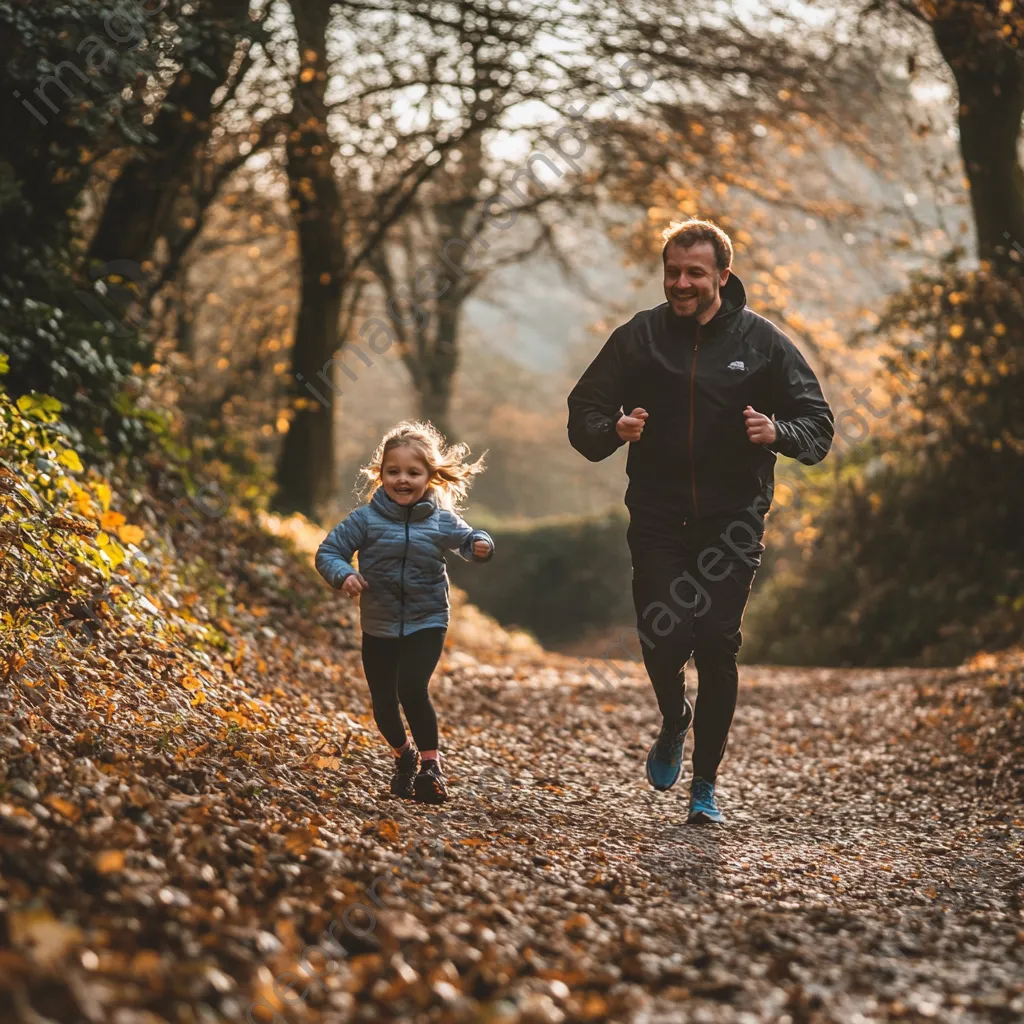 Father and daughter running on a leafy trail - Image 4