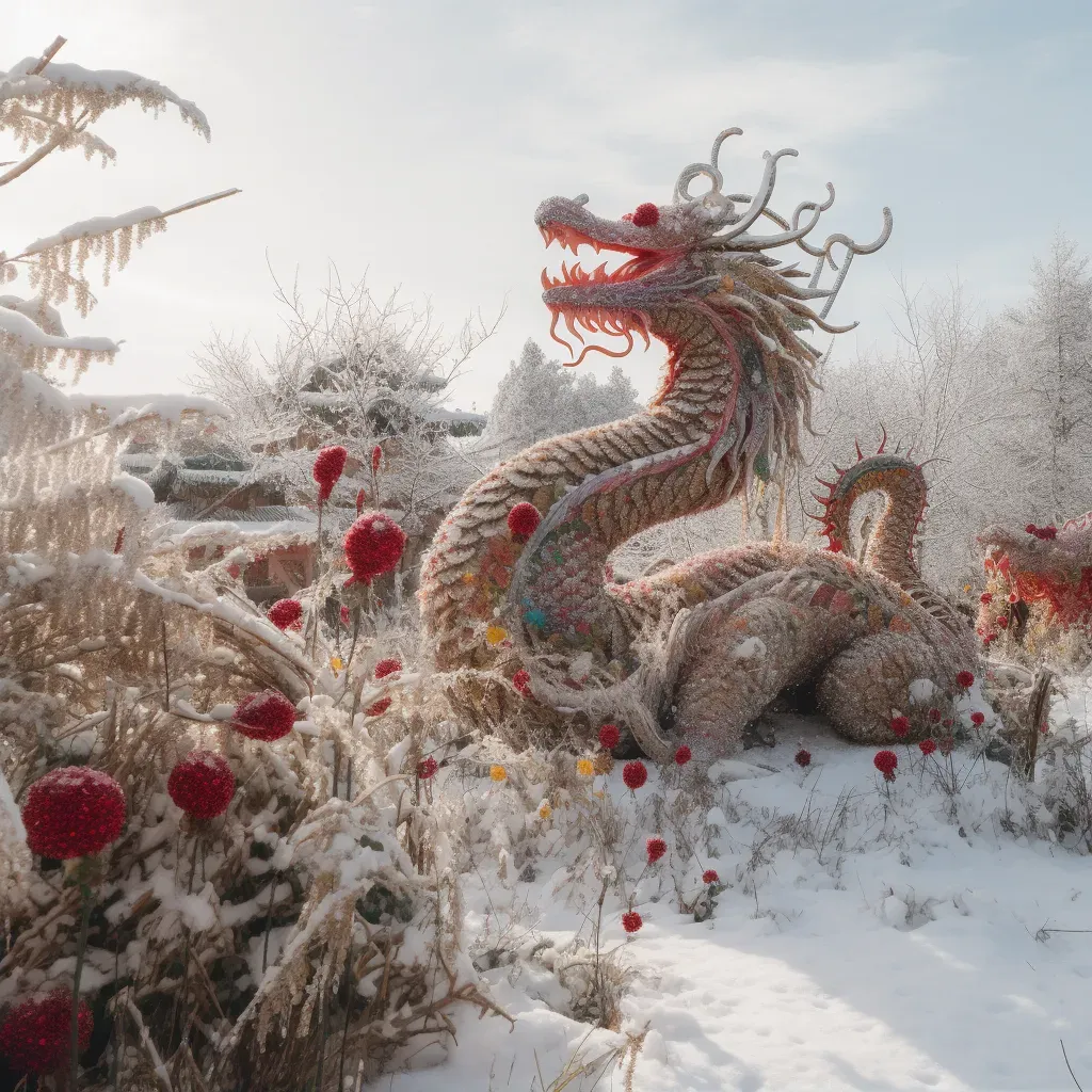 Chinese dragon and Norse Vikings in snow-covered landscape - Image 2