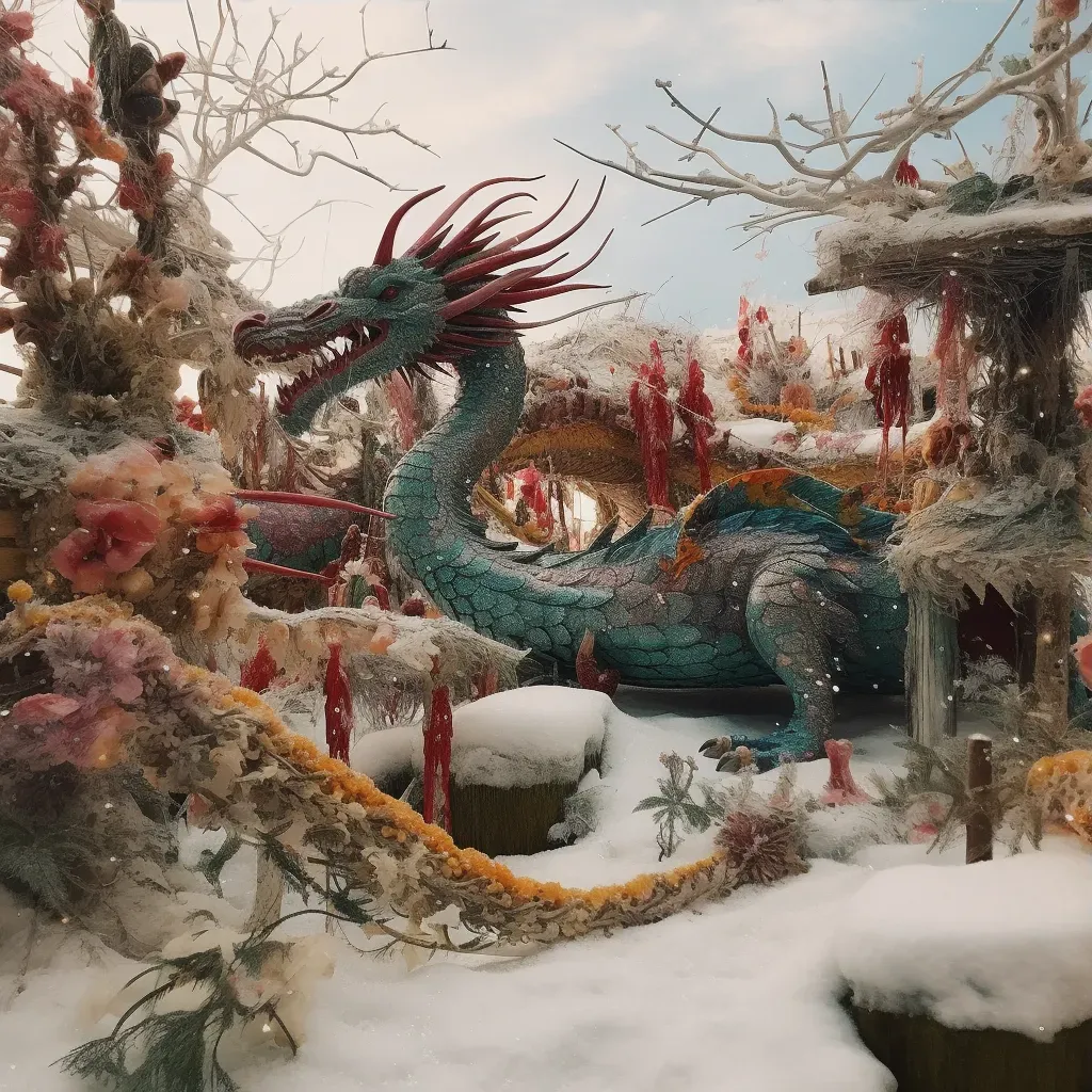 Chinese dragon and Norse Vikings in snow-covered landscape - Image 3