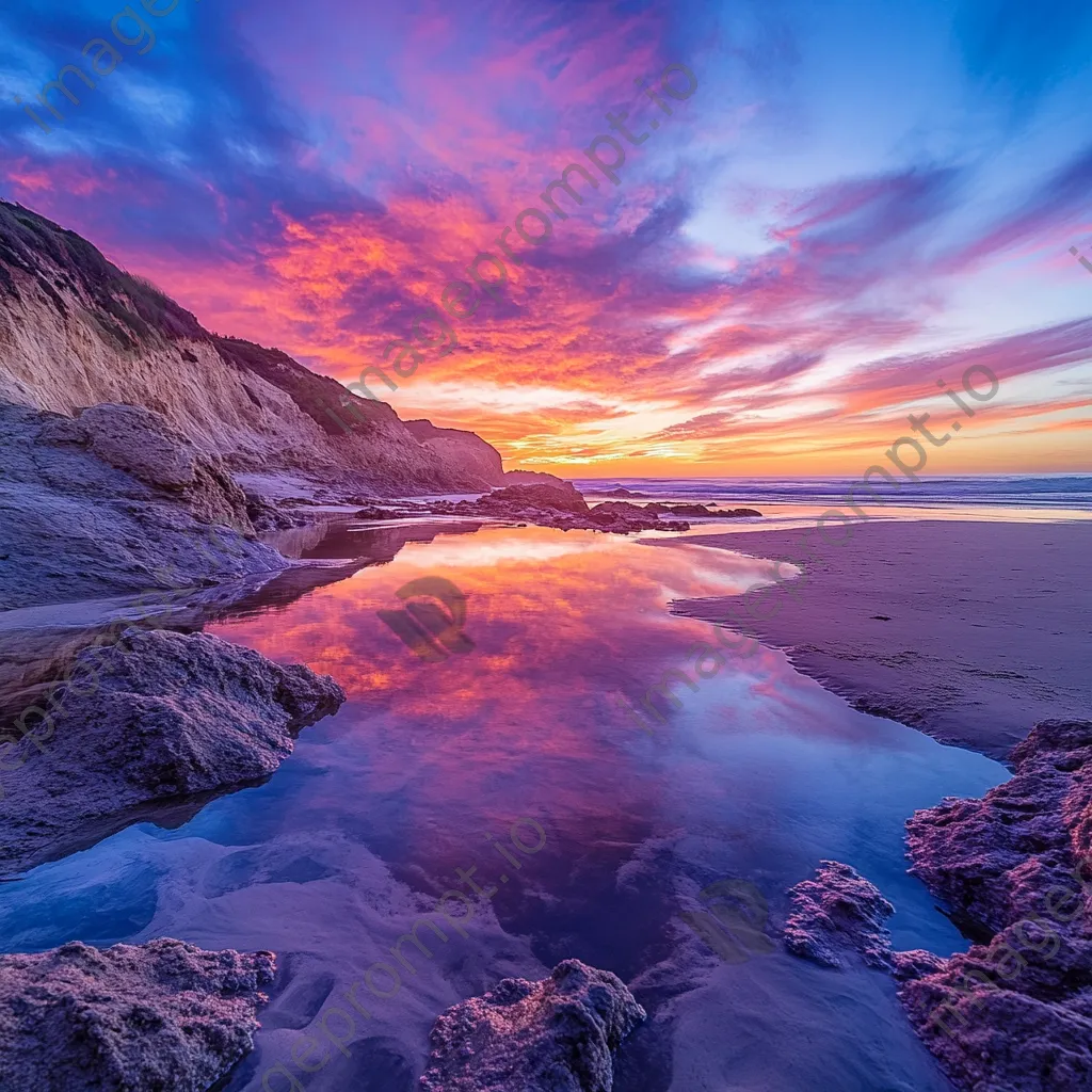 Sunset reflected in tide pools at coastal dunes - Image 1