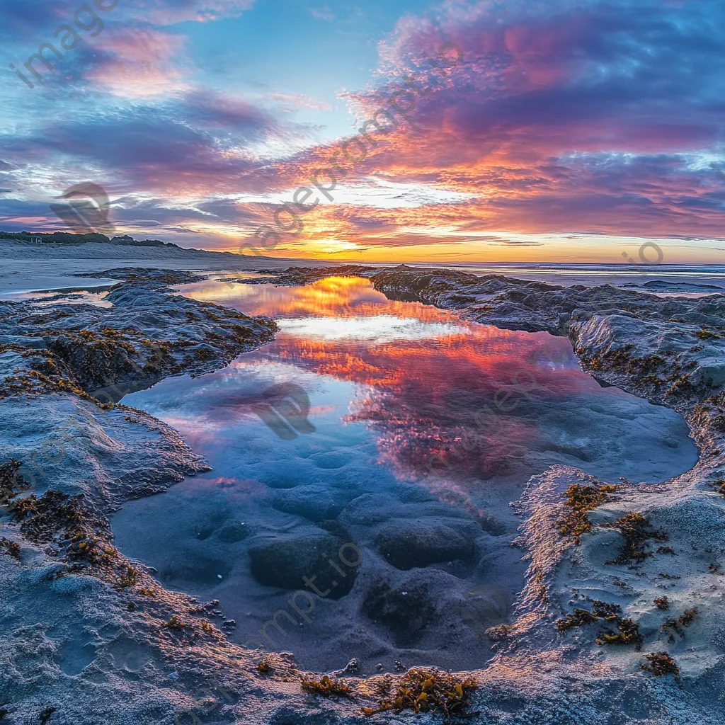 Sunset reflected in tide pools at coastal dunes - Image 3