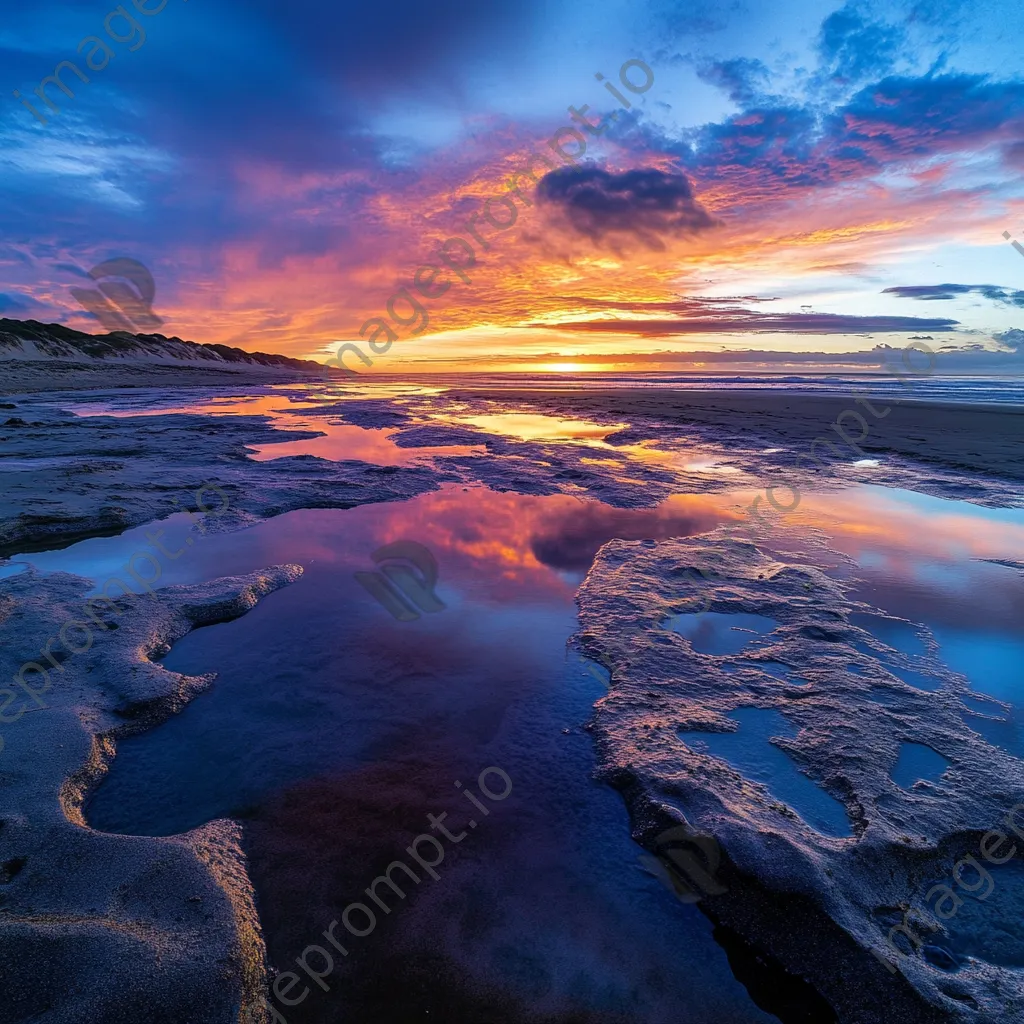 Sunset reflected in tide pools at coastal dunes - Image 4