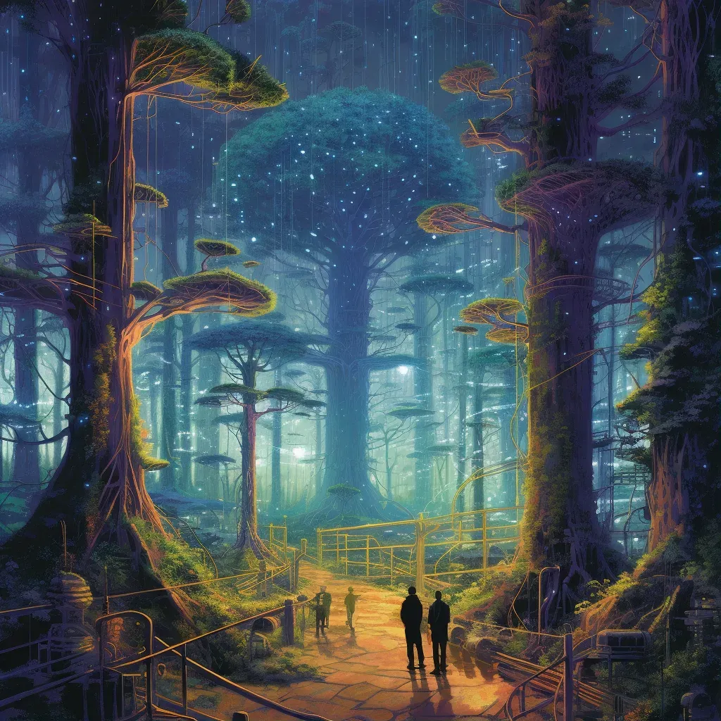 Digital representation of a cybernetic forest with glowing trees and holographic animals - Image 1