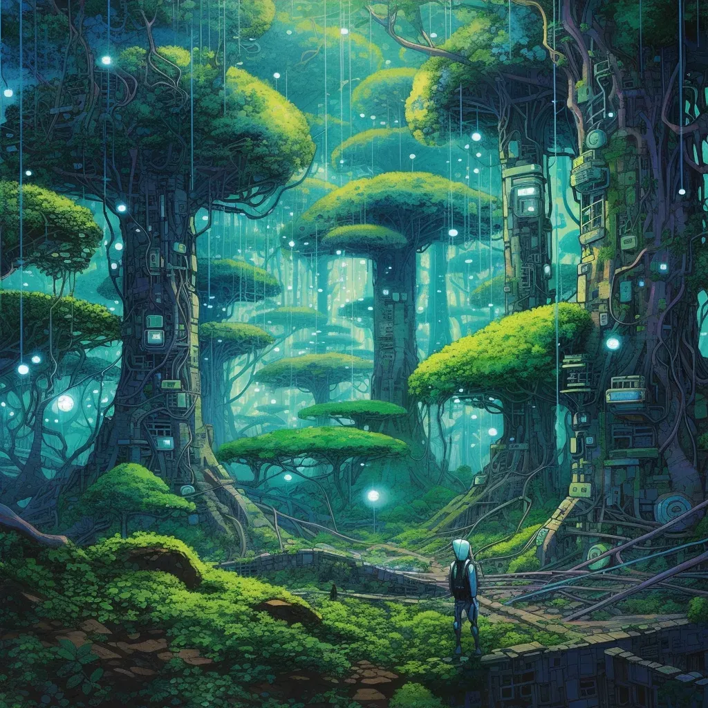 Digital representation of a cybernetic forest with glowing trees and holographic animals - Image 3