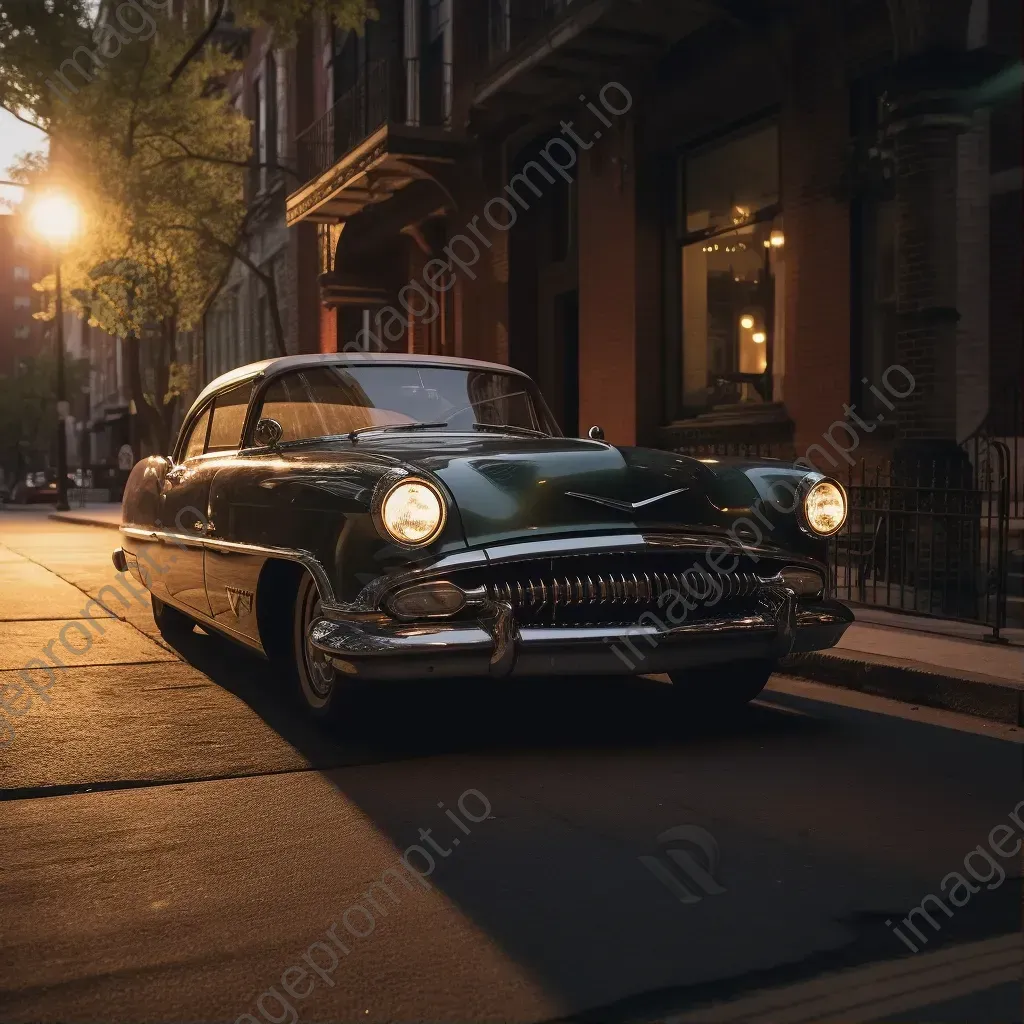 Black and white vintage car under street light with shadows - Image 1