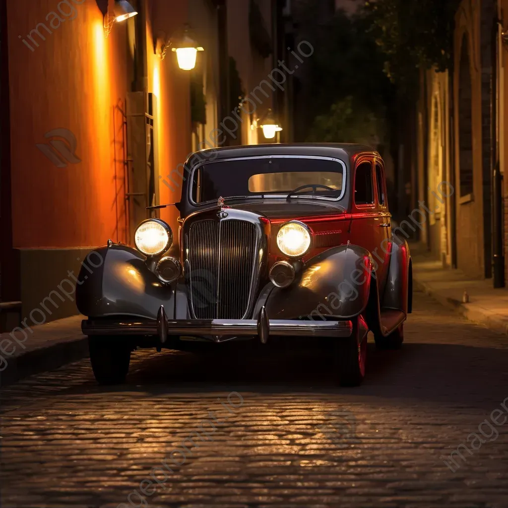 Black and white vintage car under street light with shadows - Image 2