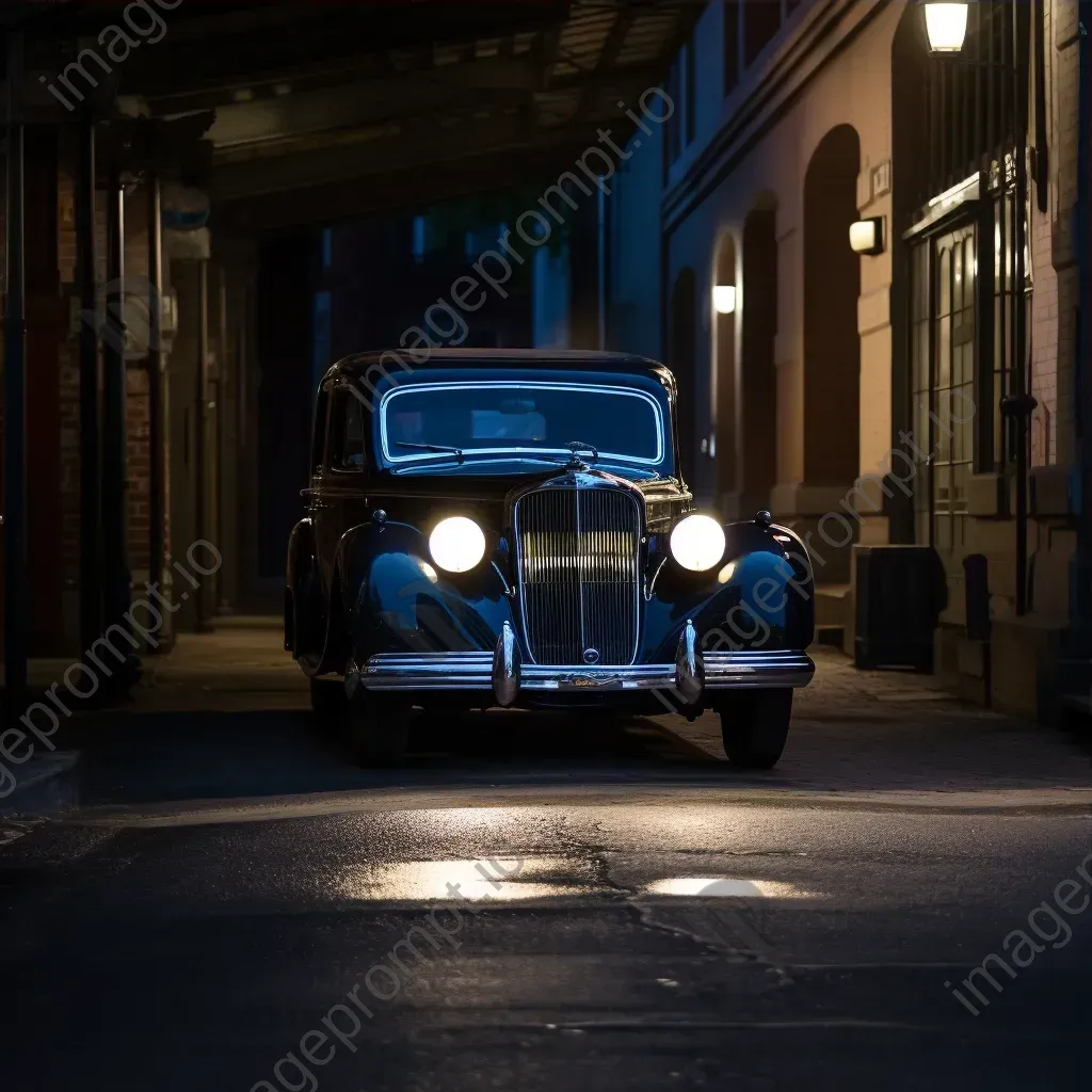 Black and white vintage car under street light with shadows - Image 3