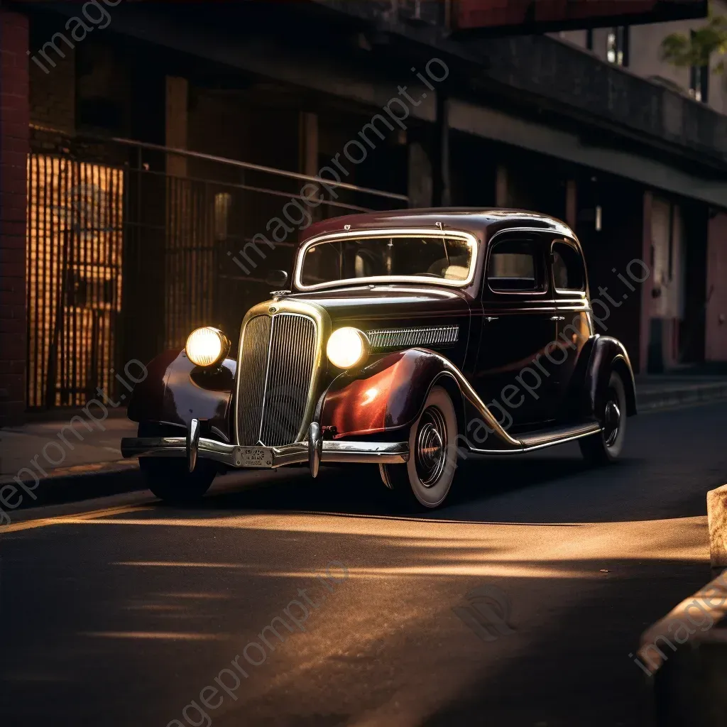 Black and white vintage car under street light with shadows - Image 4