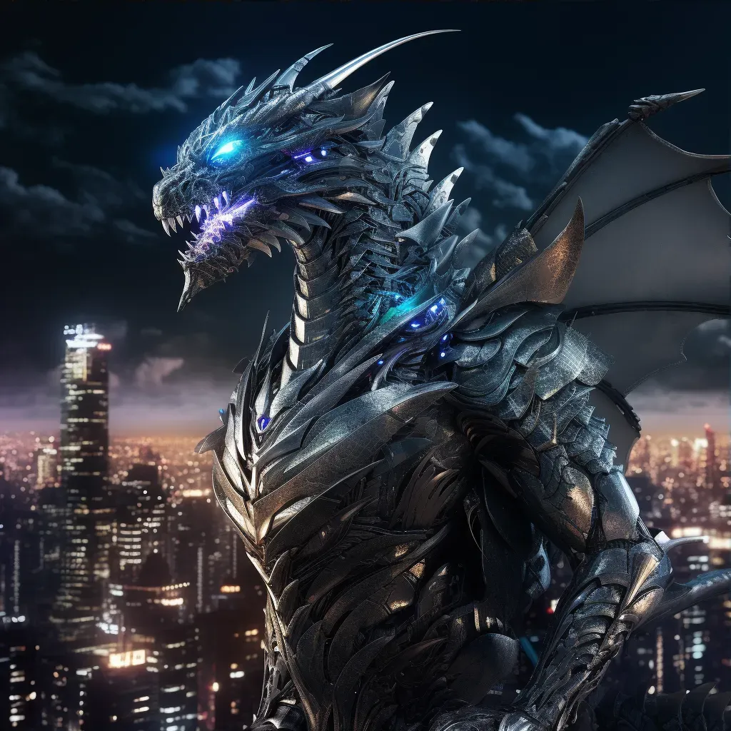 Illustration of a robotic dragon perched on a futuristic skyscraper in a cyberpunk city - Image 3