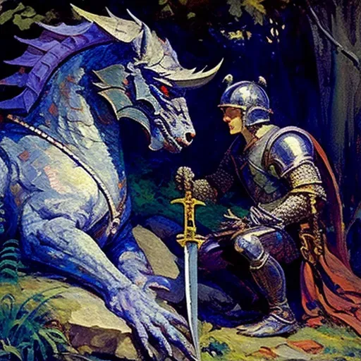 Image of a knight in armor facing a dragon, symbolizing courage - Image 1