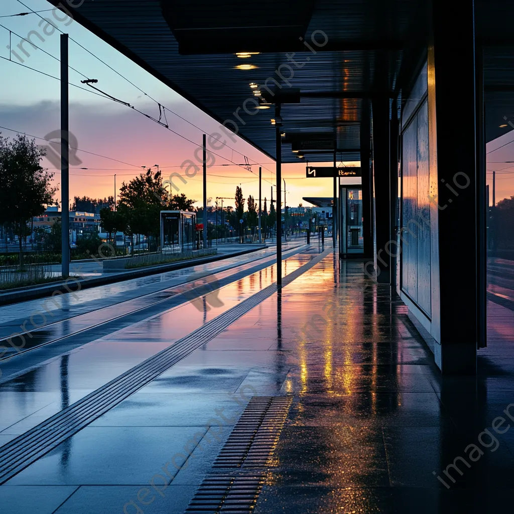 An empty tram station at dawn with soft lighting and dew on surfaces. - Image 1