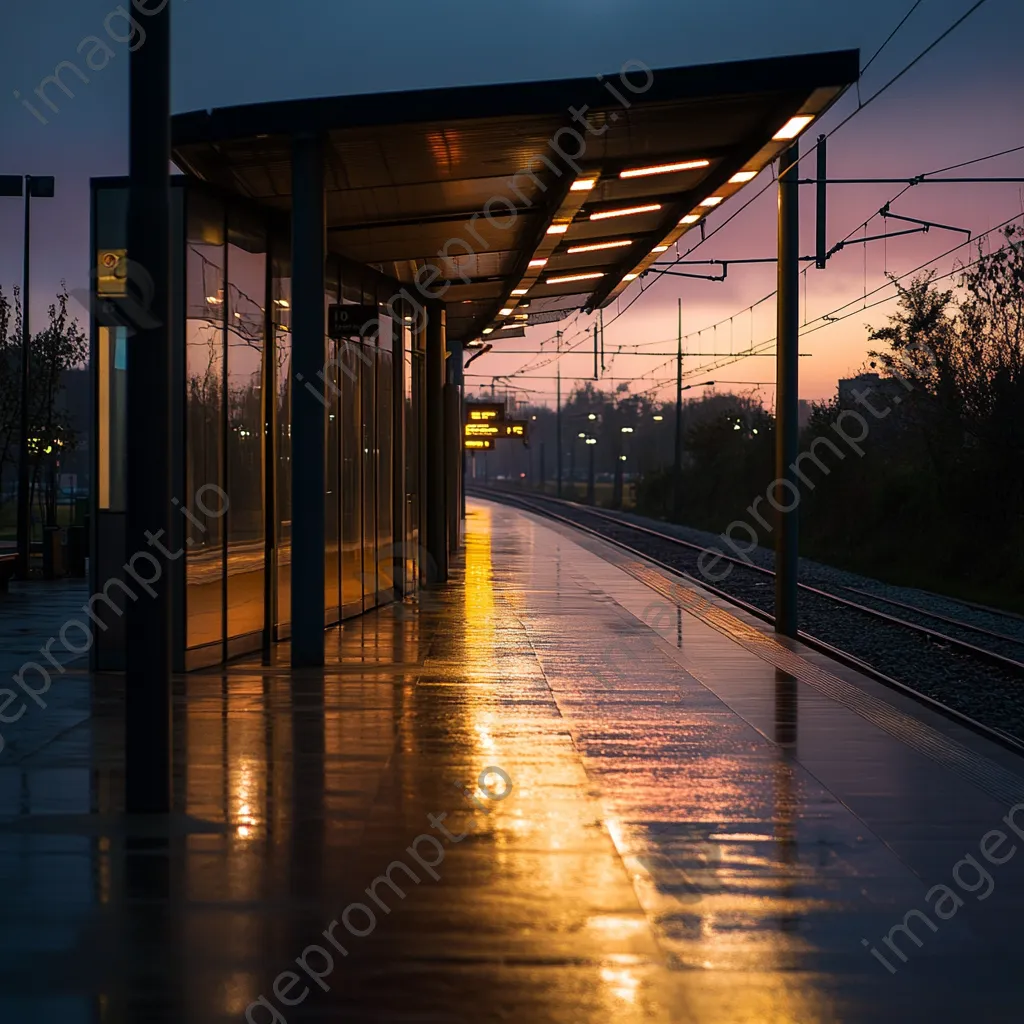 An empty tram station at dawn with soft lighting and dew on surfaces. - Image 2