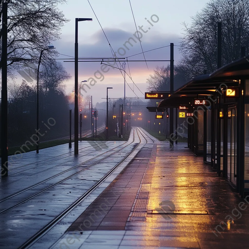 An empty tram station at dawn with soft lighting and dew on surfaces. - Image 3