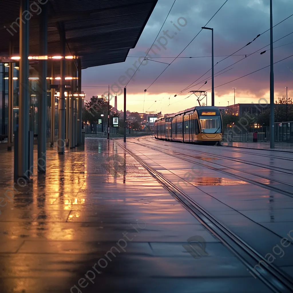 An empty tram station at dawn with soft lighting and dew on surfaces. - Image 4