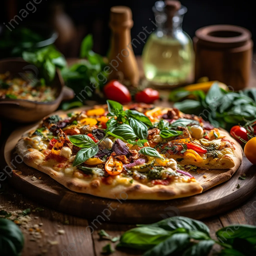 A colorful homemade vegan pizza with assorted toppings on a rustic wooden pizza peel. - Image 1