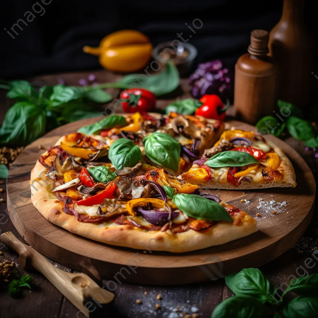 A colorful homemade vegan pizza with assorted toppings on a rustic wooden pizza peel. - Image 2