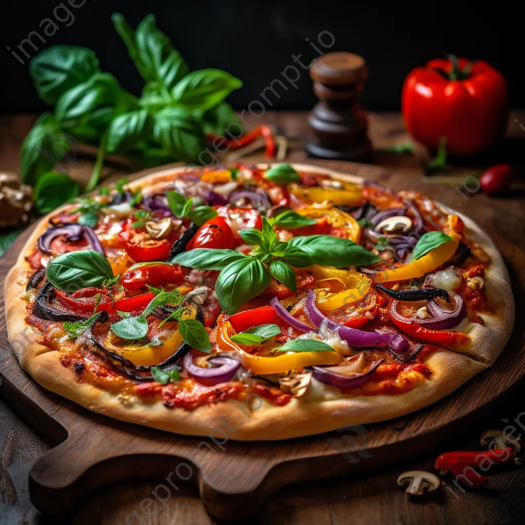 A colorful homemade vegan pizza with assorted toppings on a rustic wooden pizza peel. - Image 3