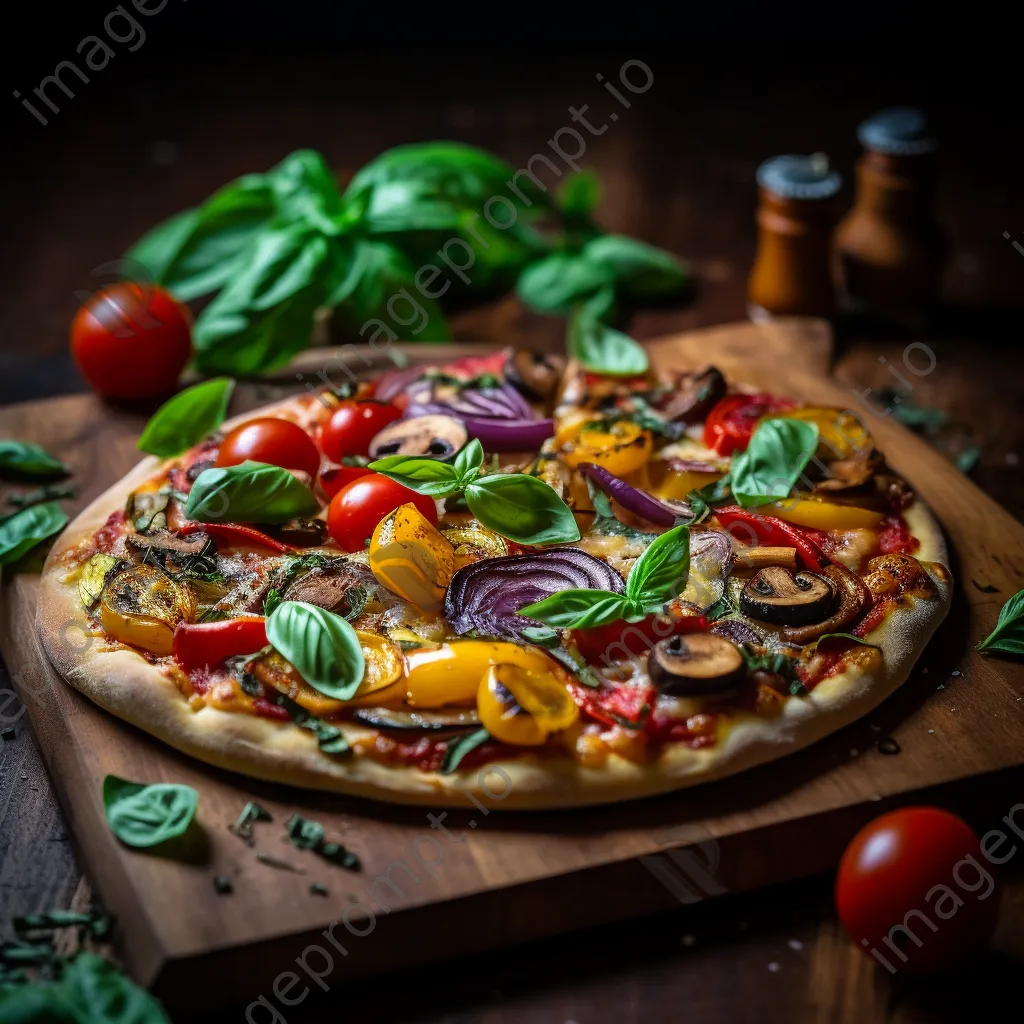 A colorful homemade vegan pizza with assorted toppings on a rustic wooden pizza peel. - Image 4