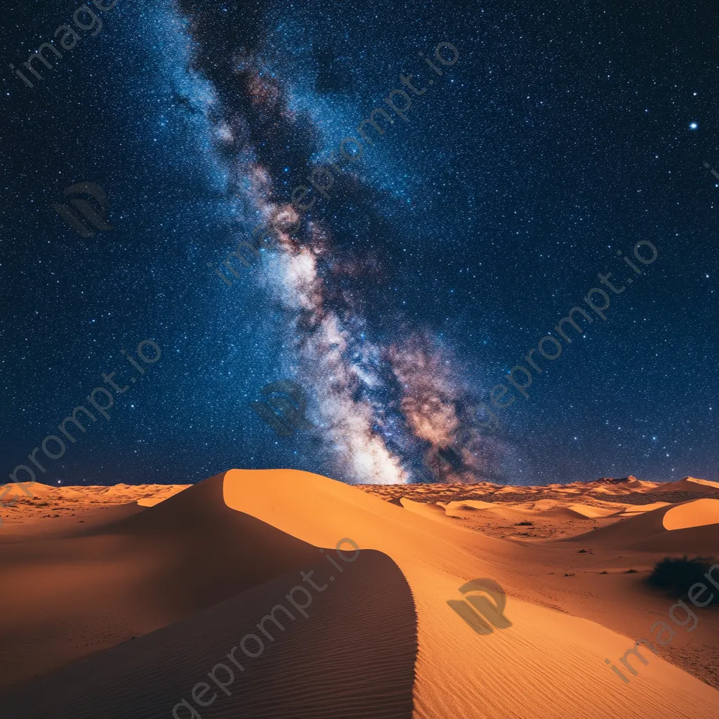 The Milky Way arching over illuminated orange sand dunes in a desert at night. - Image 1