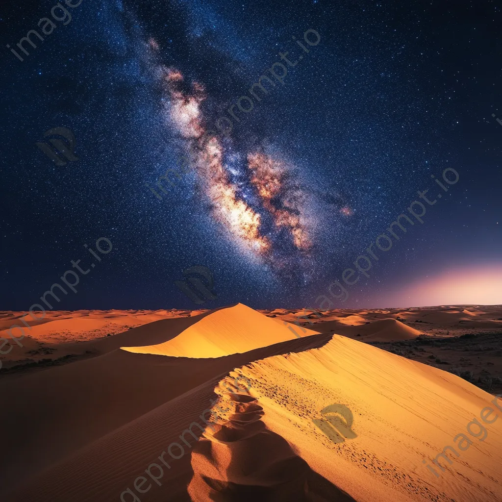 The Milky Way arching over illuminated orange sand dunes in a desert at night. - Image 2