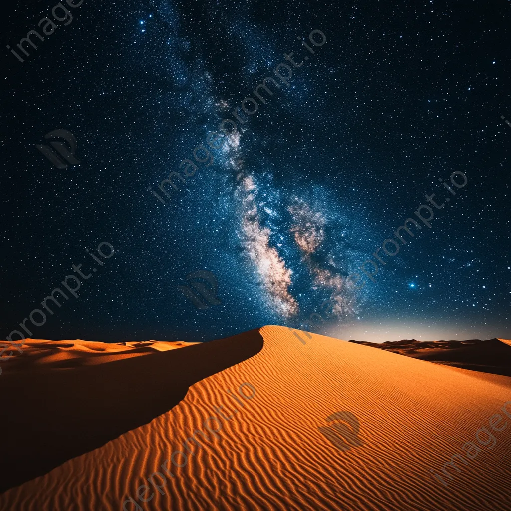 The Milky Way arching over illuminated orange sand dunes in a desert at night. - Image 3