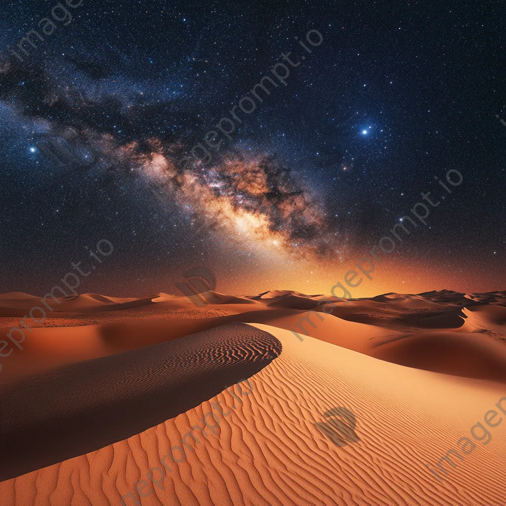 The Milky Way arching over illuminated orange sand dunes in a desert at night. - Image 4