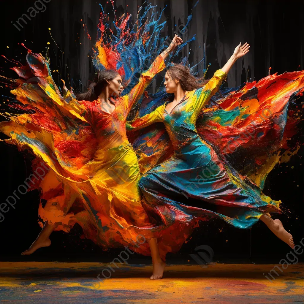 Dynamic colour splashes depicting an energetic dance-off with dancers as vibrant streaks - Image 3