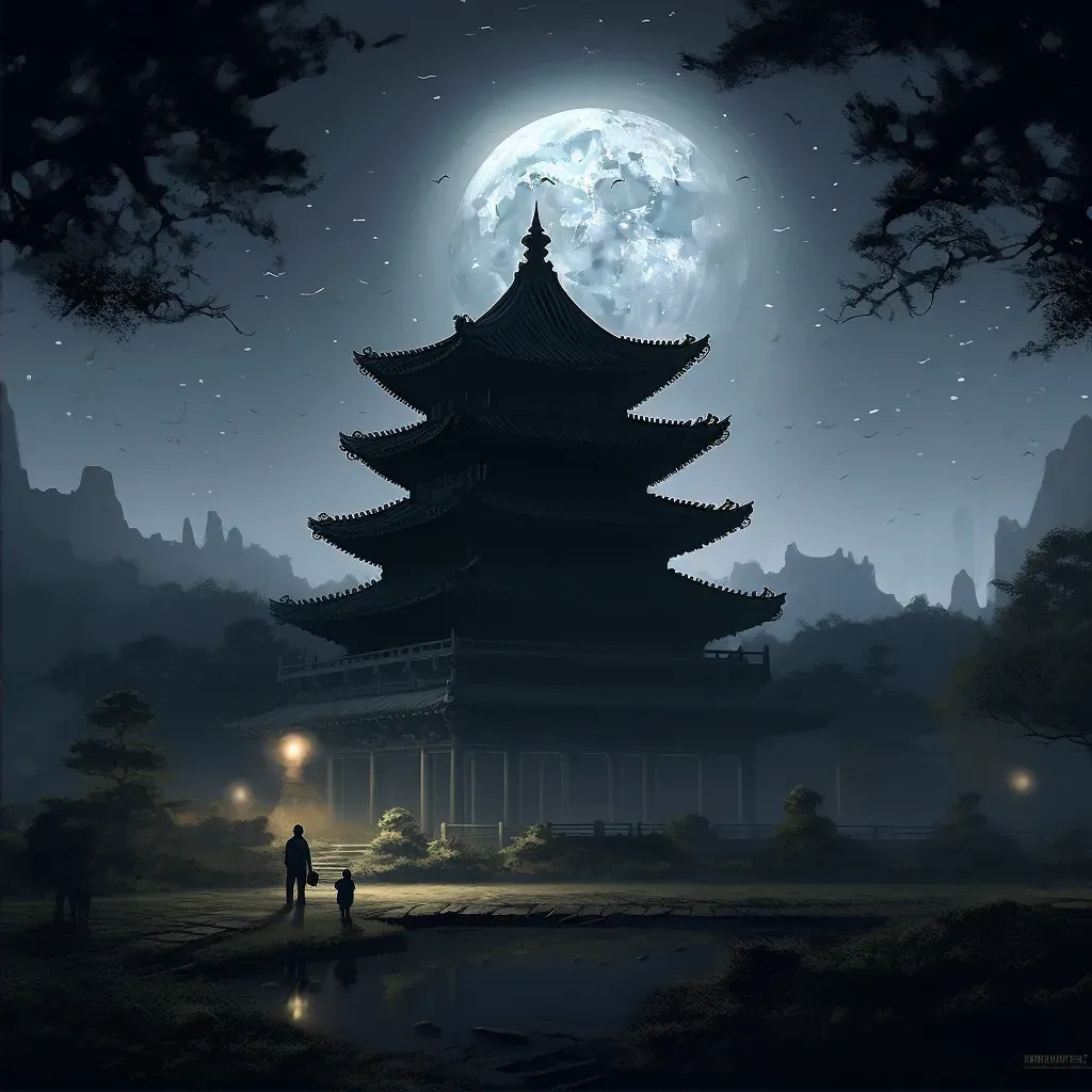 Buddhist temple silhouette against the moon on a moonlit night - Image 2