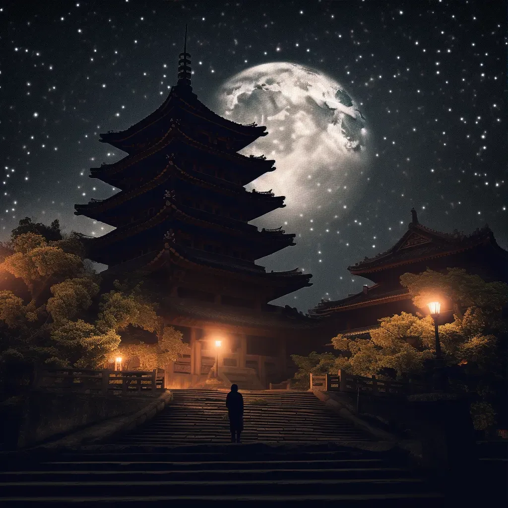 Buddhist temple silhouette against the moon on a moonlit night - Image 3