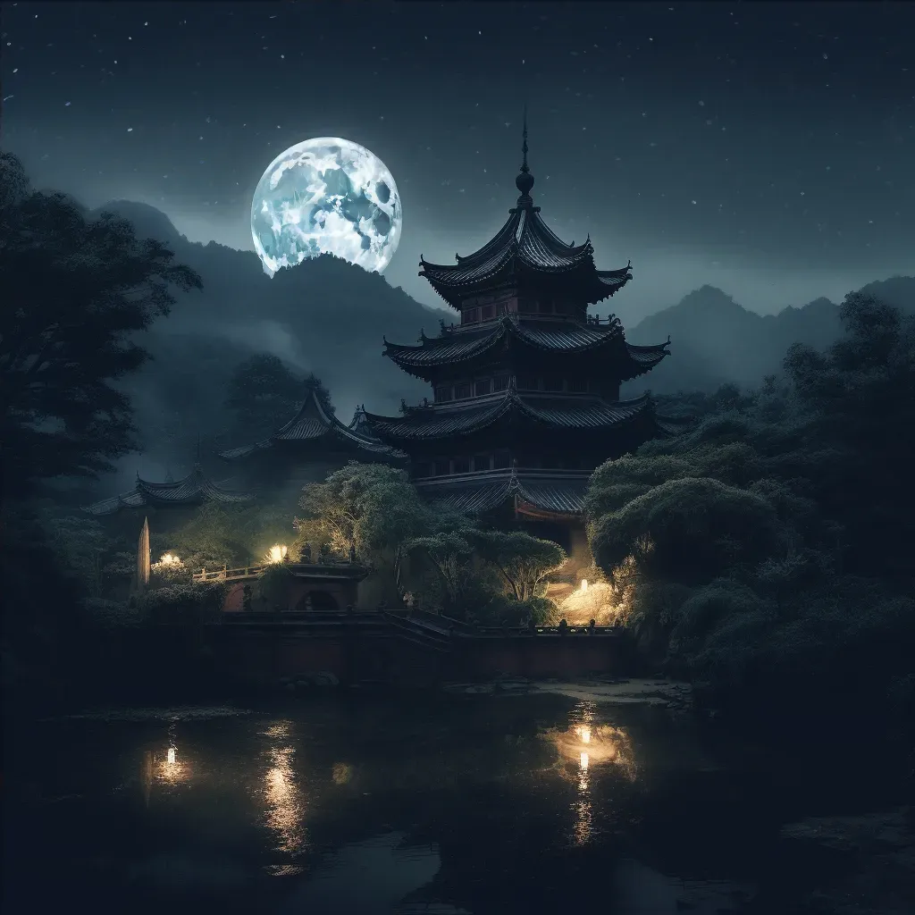 Buddhist temple silhouette against the moon on a moonlit night - Image 4