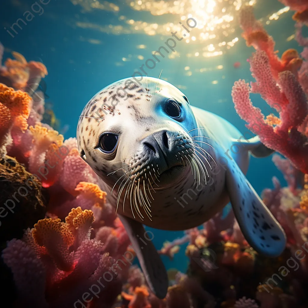 Underwater shot of a playful seal swimming near colorful corals. - Image 1