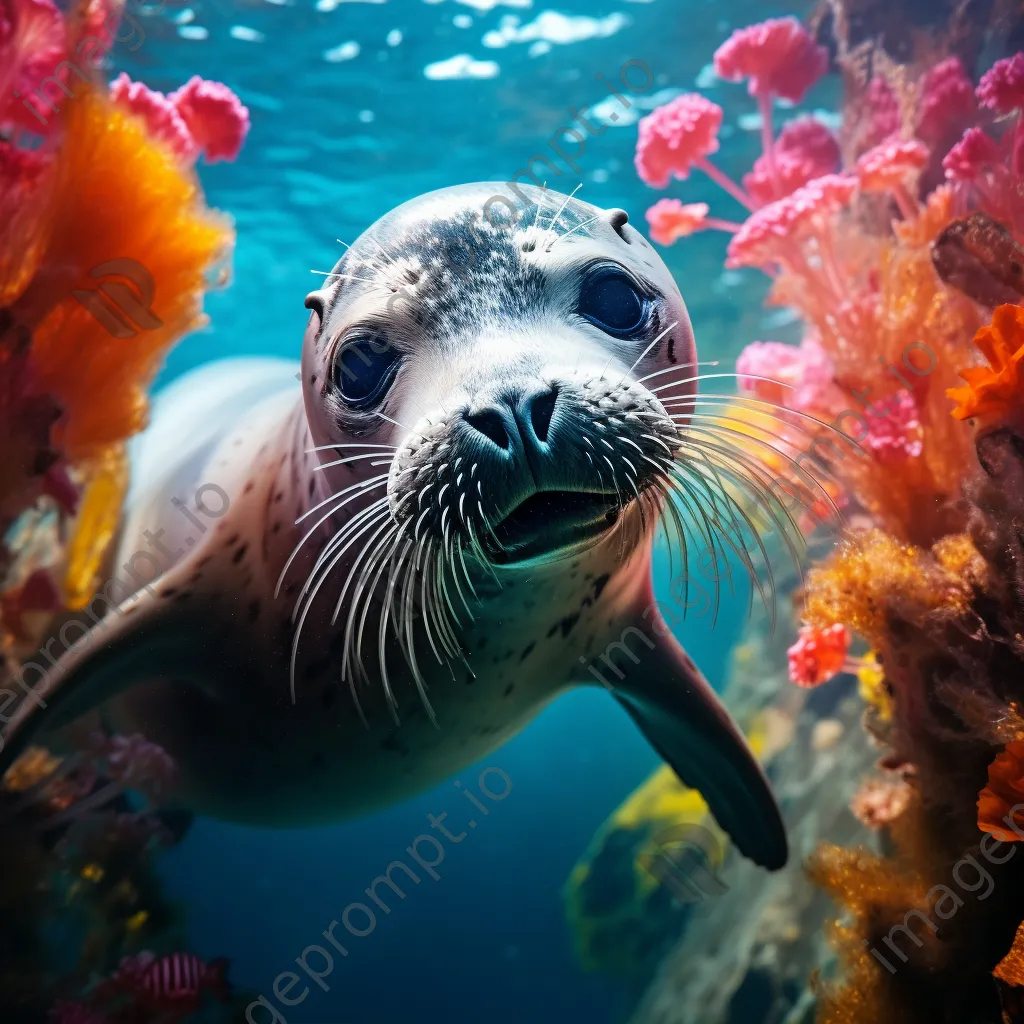 Underwater shot of a playful seal swimming near colorful corals. - Image 2