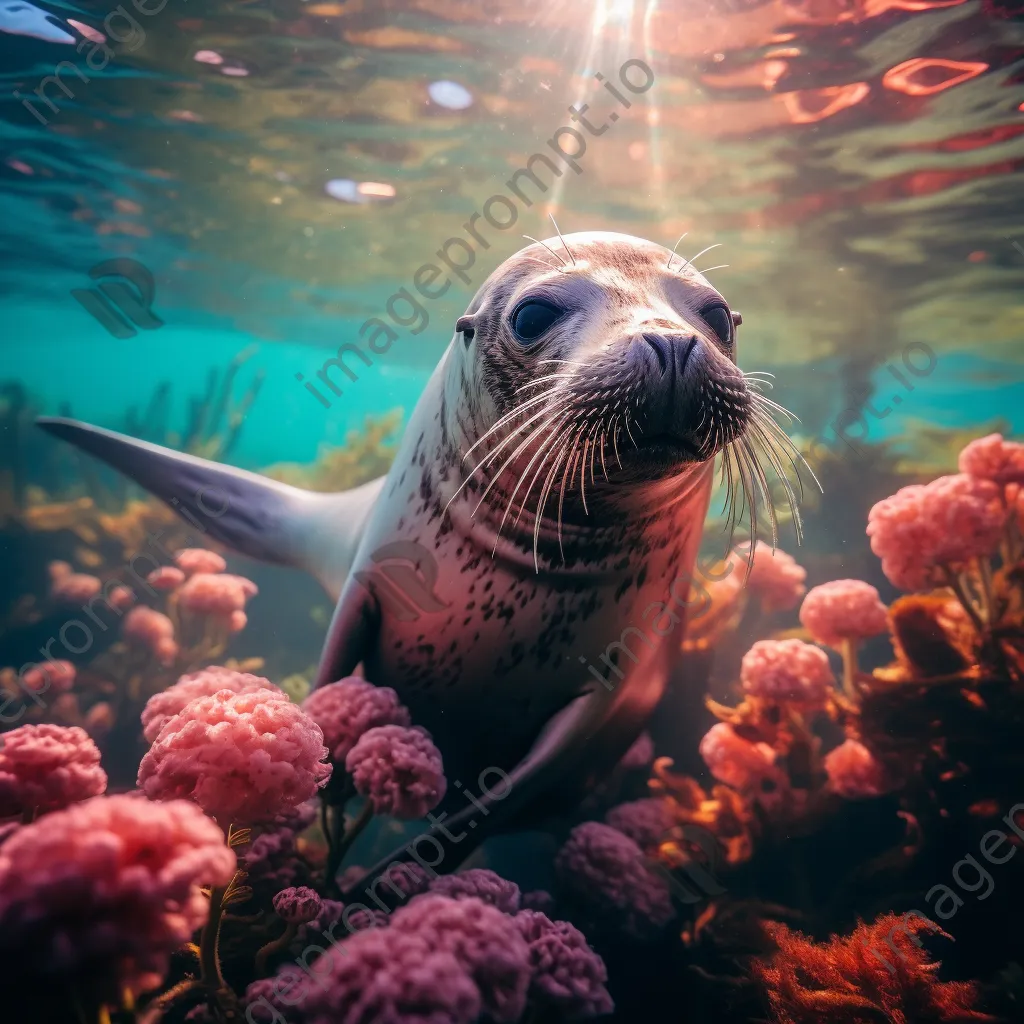 Underwater shot of a playful seal swimming near colorful corals. - Image 3