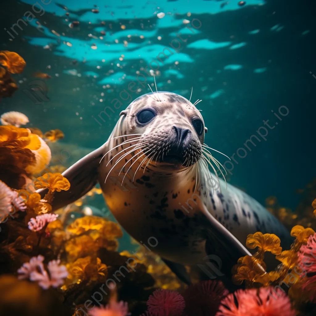 Underwater shot of a playful seal swimming near colorful corals. - Image 4