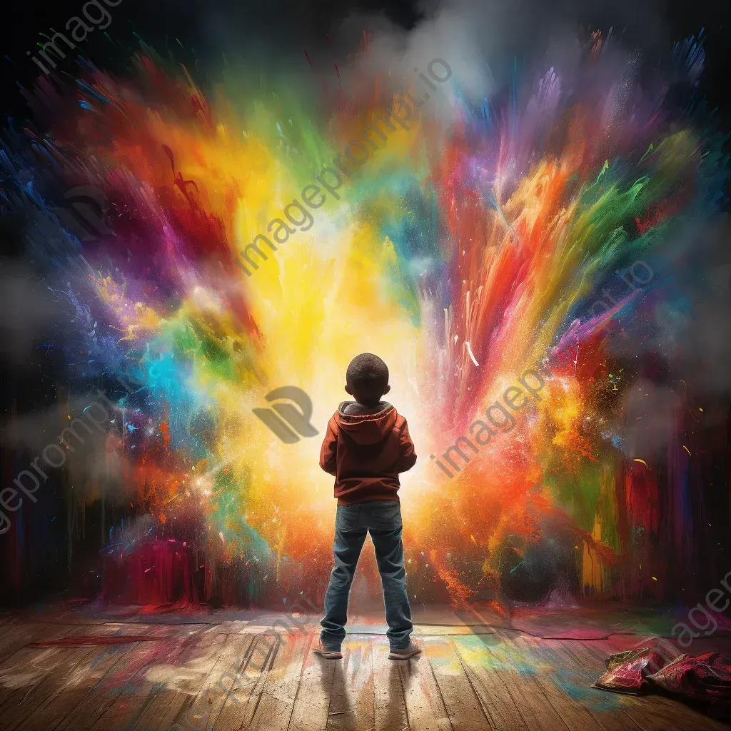 A child painted in chiaroscuro lighting creating a rainbow over chaotic graffiti - Image 1