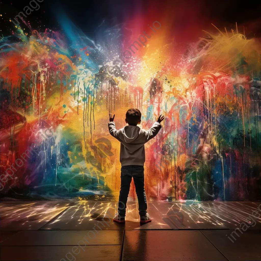 A child painted in chiaroscuro lighting creating a rainbow over chaotic graffiti - Image 2