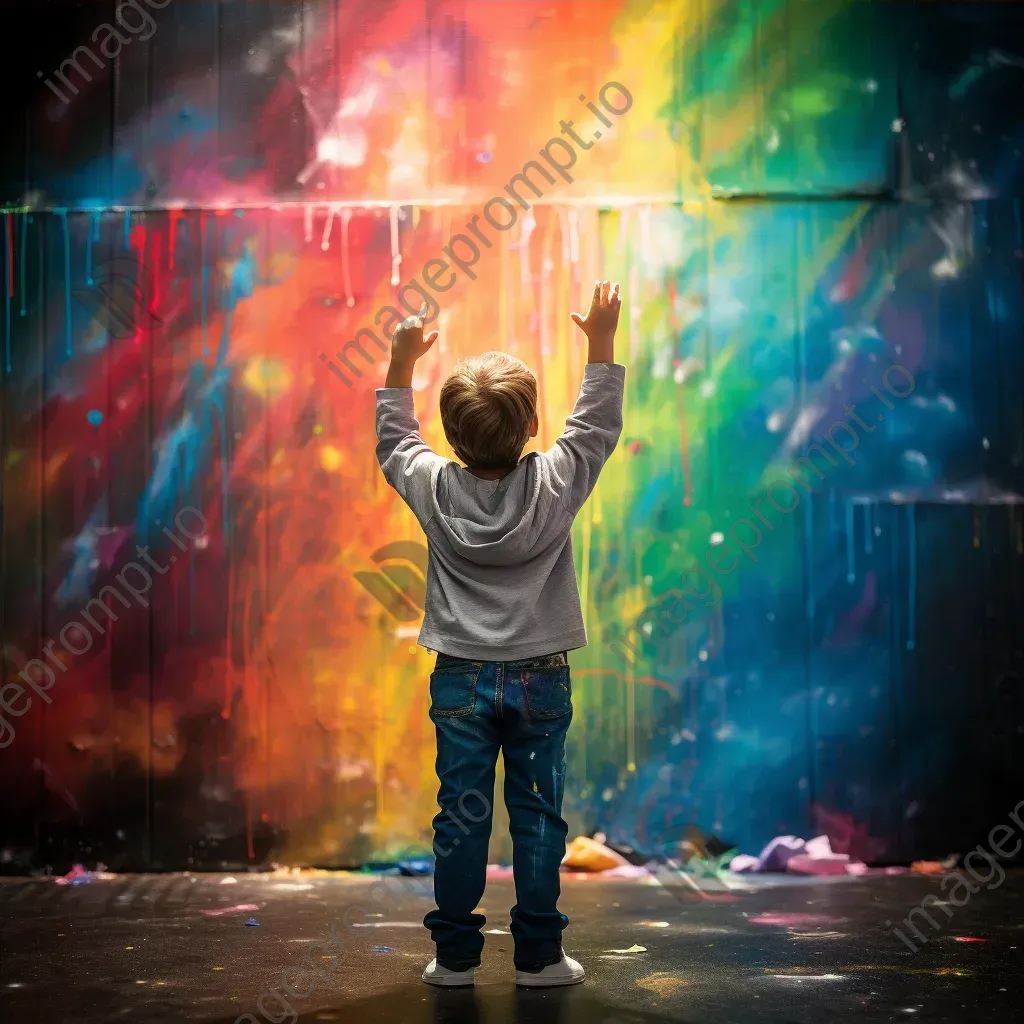 A child painted in chiaroscuro lighting creating a rainbow over chaotic graffiti - Image 3