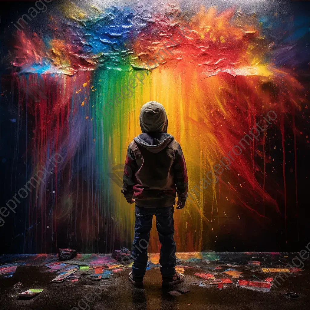 A child painted in chiaroscuro lighting creating a rainbow over chaotic graffiti - Image 4