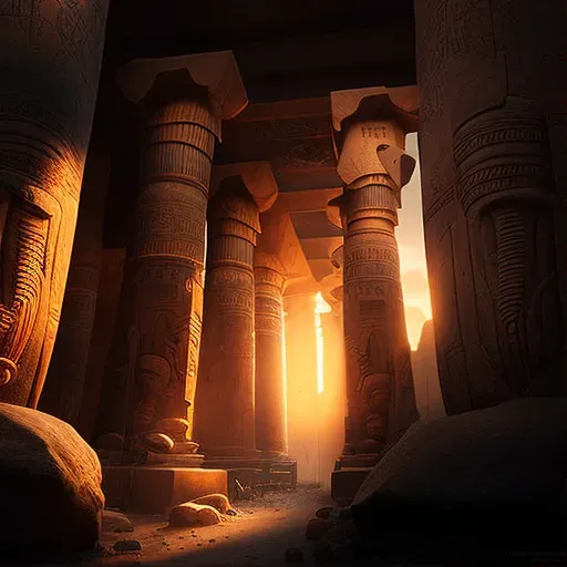 Image of an ancient Egyptian temple with towering stone pillars and statues in the sunset light - Image 1