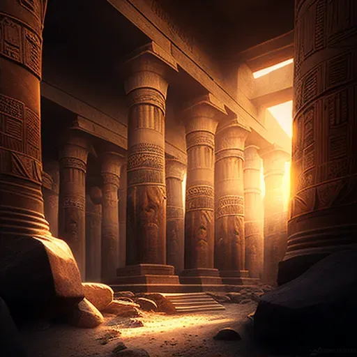 Image of an ancient Egyptian temple with towering stone pillars and statues in the sunset light - Image 2