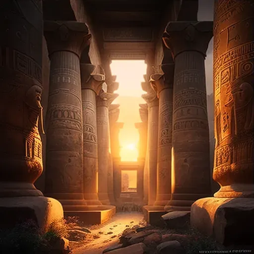 Image of an ancient Egyptian temple with towering stone pillars and statues in the sunset light - Image 3