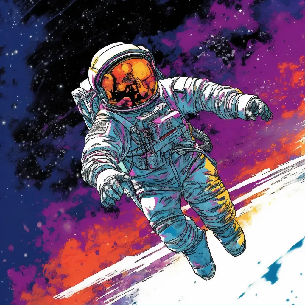 Astronaut making a spacewalk with the reflection of a colorful nebula in their visor - Image 1