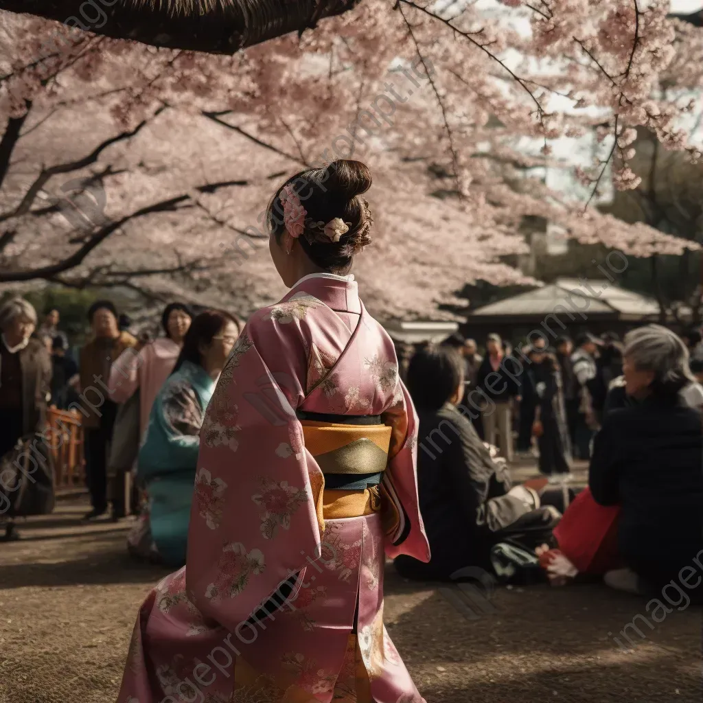 Japanese Cherry Blossom Festival with sakura trees and kimono-clad performers - Image 1