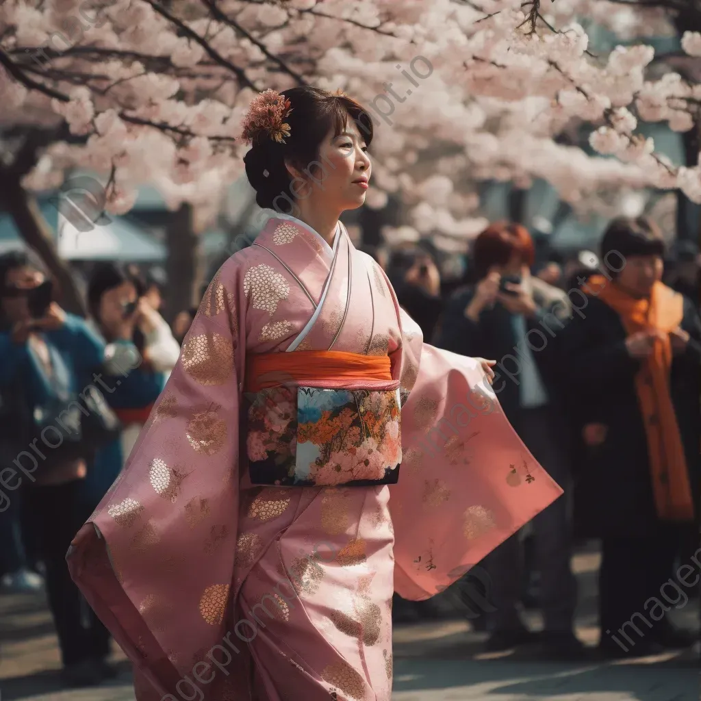 Japanese Cherry Blossom Festival with sakura trees and kimono-clad performers - Image 3