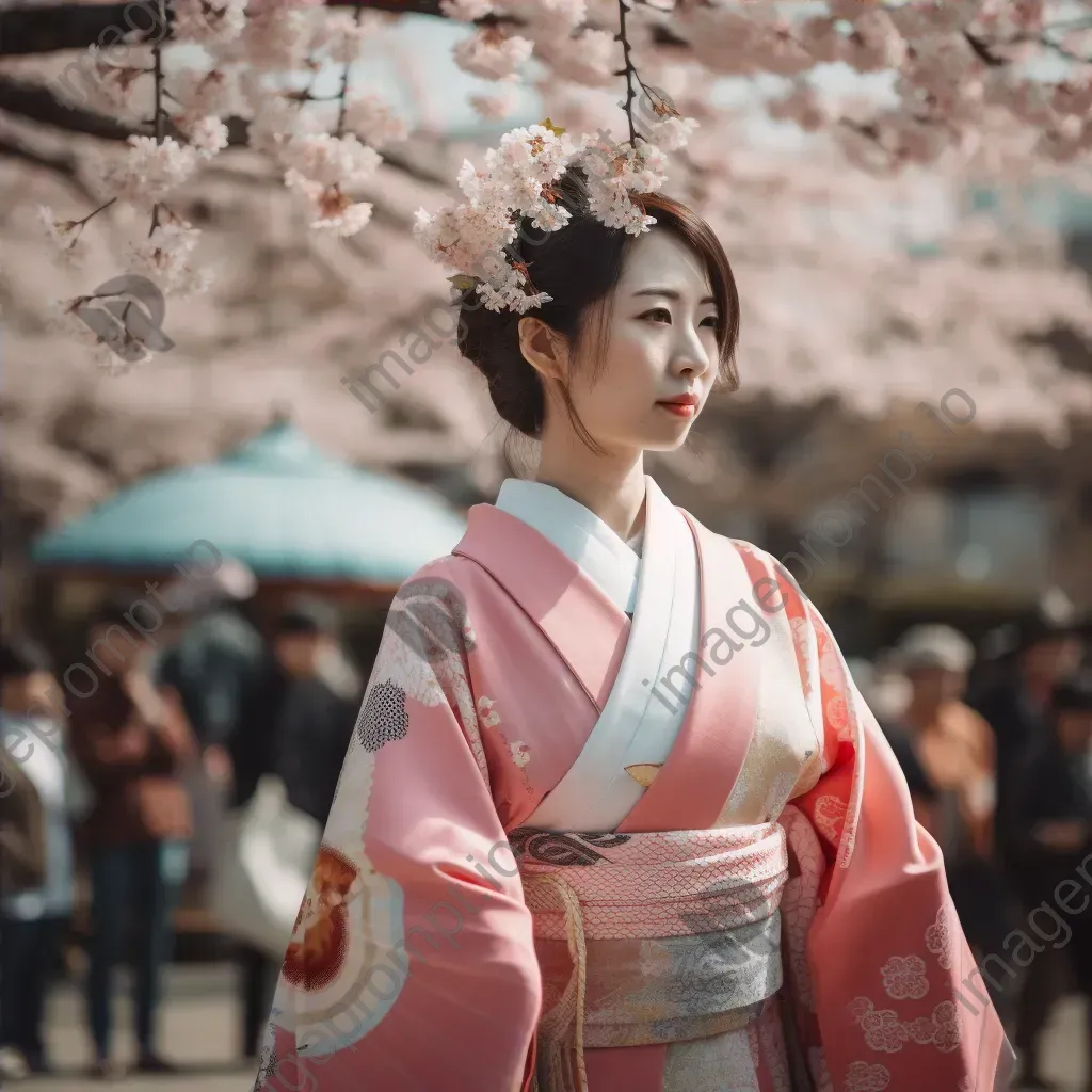 Japanese Cherry Blossom Festival with sakura trees and kimono-clad performers - Image 4