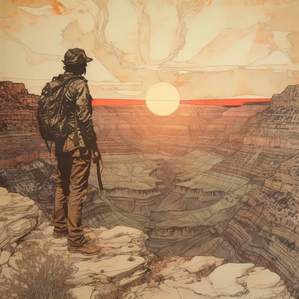 Solitary hiker standing at the edge of the grand canyon, facing a setting sun in an image generated by a prompt. - Image 1