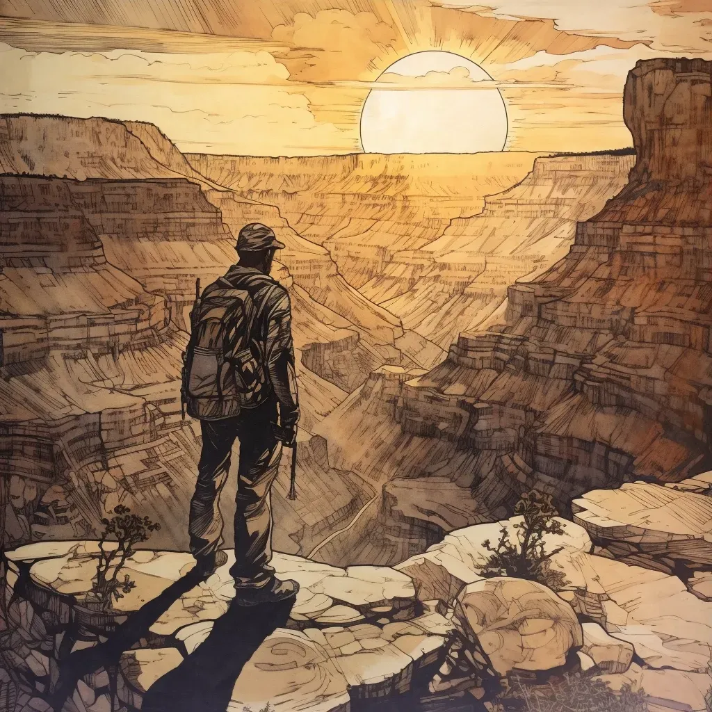 Solitary hiker standing at the edge of the grand canyon, facing a setting sun in an image generated by a prompt. - Image 3