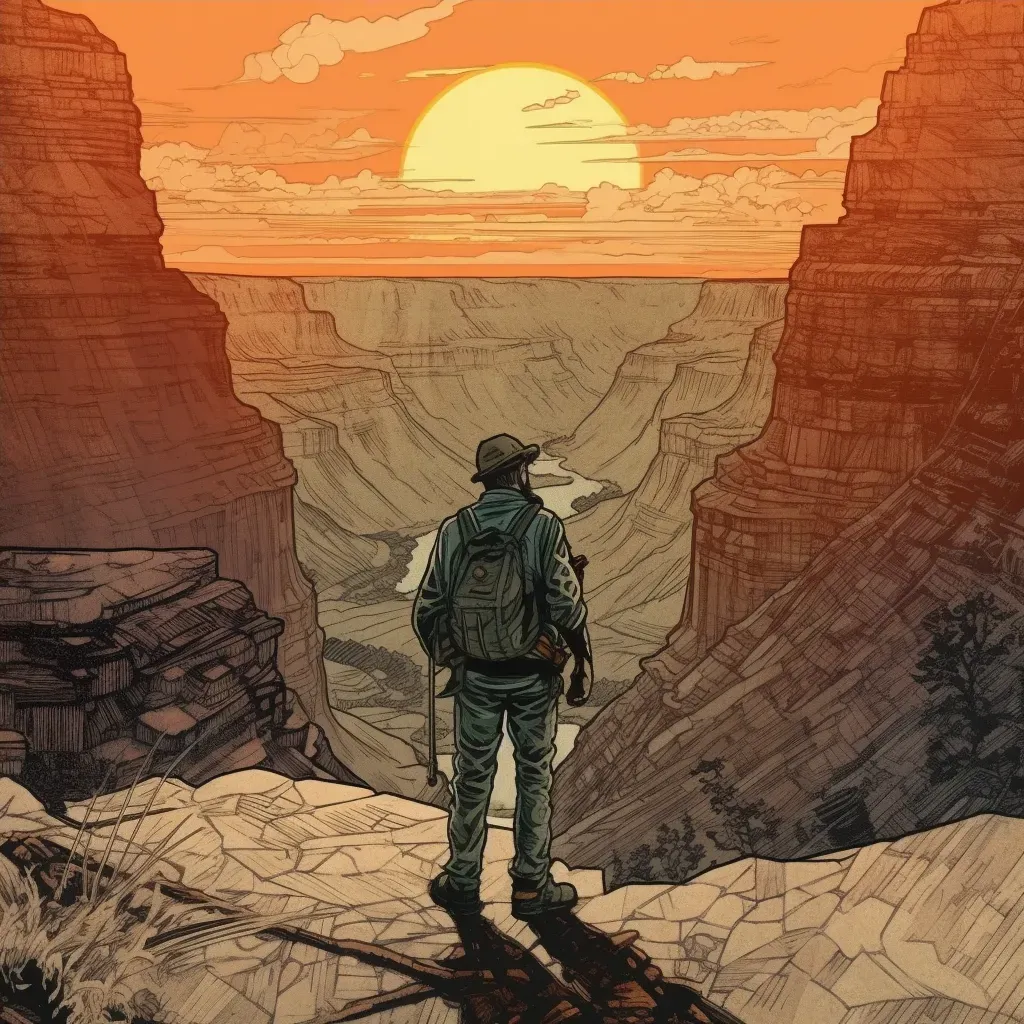 Solitary hiker standing at the edge of the grand canyon, facing a setting sun in an image generated by a prompt. - Image 4